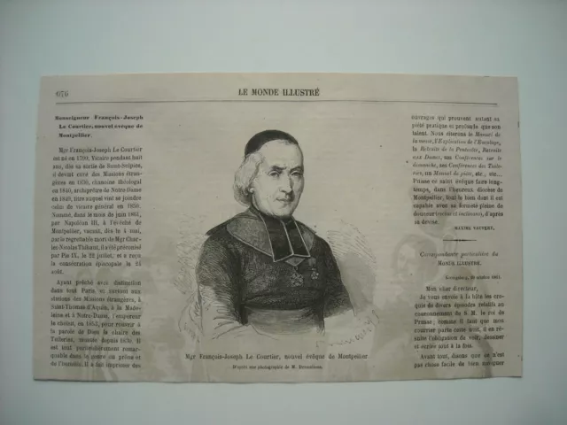 Gravure 1861. Mgr. Francois-Joseph Le Courtier, Eveque De Montpellier.  Avec Exp