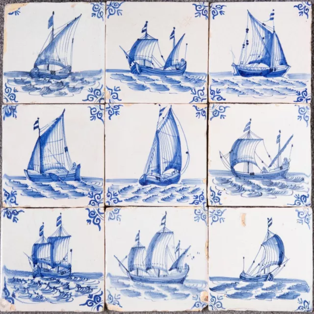 Nice field of 9 Dutch Delft Blue tiles, sailboat, 17th century.