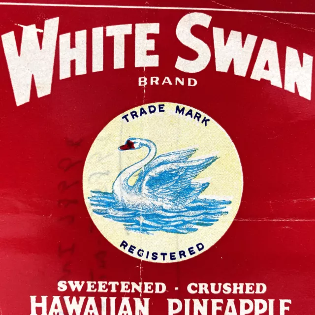 Original White Swan Sweetened Crushed Hawaiian Pineapple Tin Can Label
