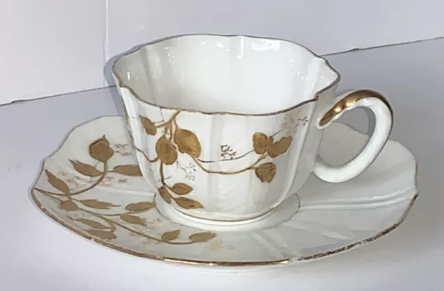 Vintage AK Limoges France Small Cup and Saucer White With Gold Leaves