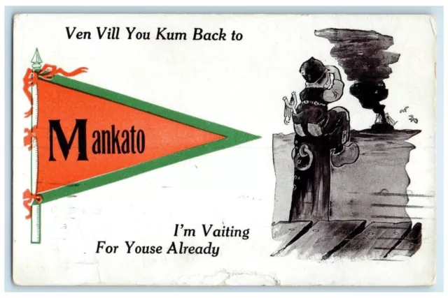 1912 I'm Waiting For You Already Mankato Minnesota MN Pennant Dutch Kid Postcard