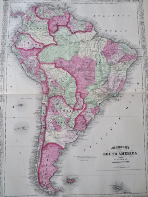 South America Colombia Peru Bolivia Brazil 1867 A.J. Johnson Scarce Issue map