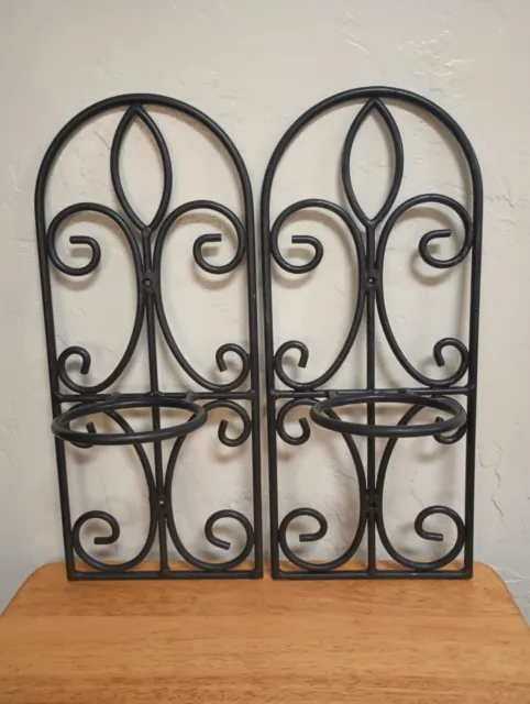 Pair of Filigree 18" L Black Wrought Iron Wall Hanging Plant Holders For 4" Pots