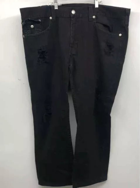 True Religion Men Black Dark Wash Distressed Coin Pocket Denim Straight Jeans 44