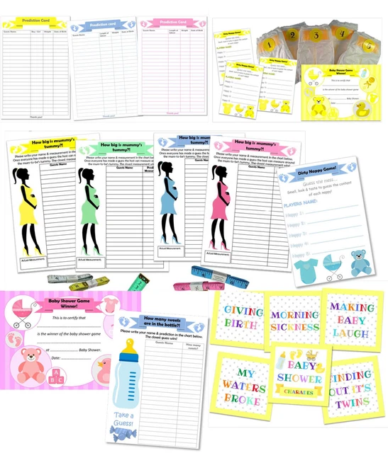 BABY SHOWER GAMES prediction cards, charades, nappy game, mummy tummy