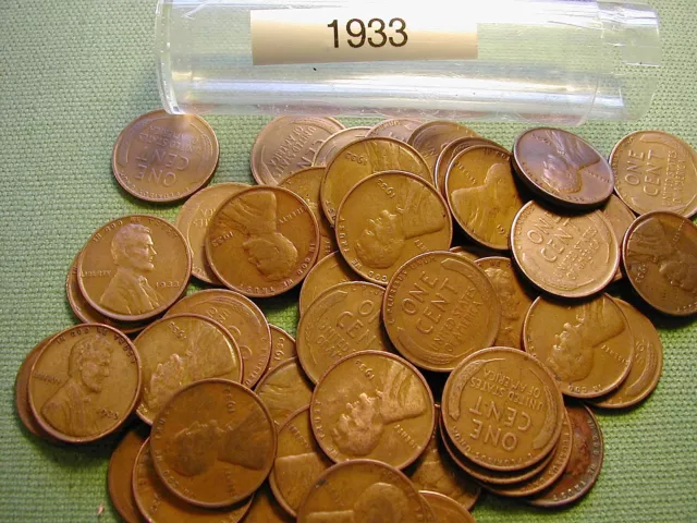 1933-P LINCOLN WHEAT CENT PENNY ROLL, 50 coins