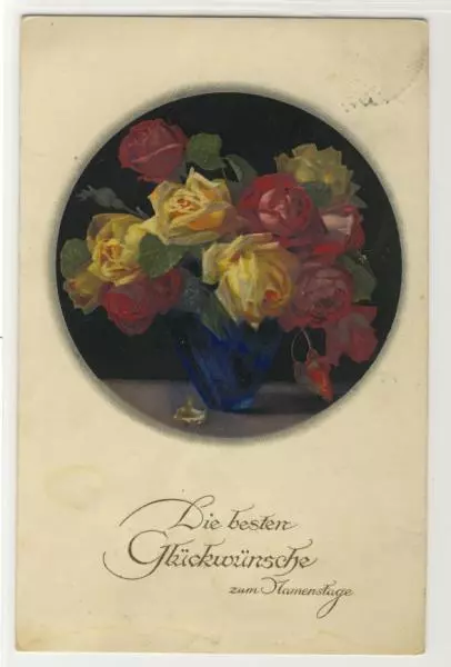 AK Namenstag, Vase mit Rosen, 1910