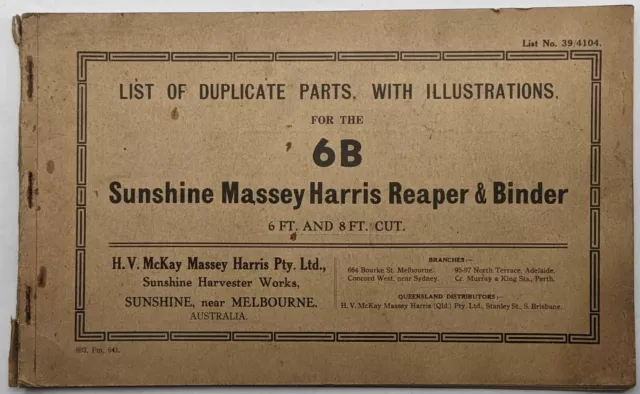 Massey Harris; No 6B Sunshine Reaper & Binder Illustrated Parts List, Australia