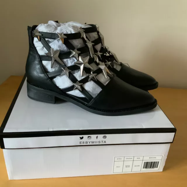 E8 BY MIISTA Black Nelly Ankle Boots With Silver Stars New In Box