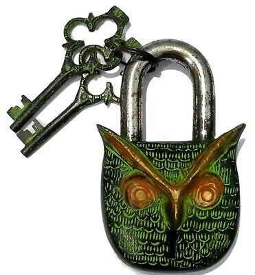 Solid Green Brass Owl Padlock Antique Vintage Style Handmade Lock with 2 Keys