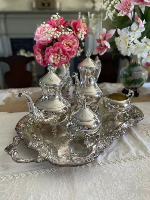 VTG Silverplate 5pc Rogers Tea Set Tea & Coffee Pot Creamer Sugar Footed Tray 2