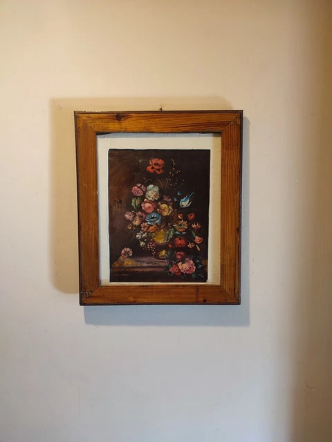 Quadro Dipinto Olio Su Tela Con Cornice E Vetro Fiori