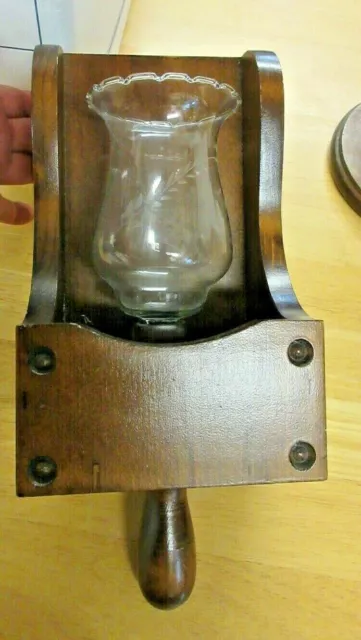 Vintage Wood Holder w/ Glass Hurricane Candle / Lamp (Wall Sconce)