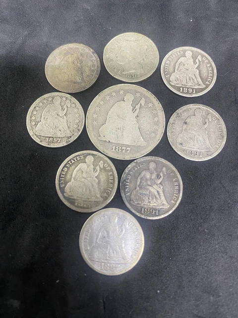 Seated Liberty Coin Lot ( Dimes , 1877 Quarter ) 1876 3 Cent Nickel Silver Seated Liberty Coin Lot ( Dimes , 1877 Quarter ) 1876 3 Cent Nickel Silver
