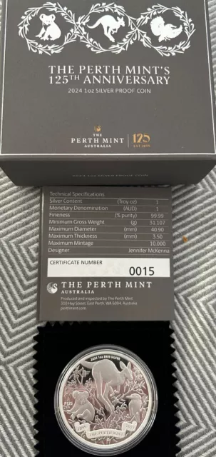 The Perth Mint's 125th Anniversary 2024 1oz Silver Proof Coin CoA #0015