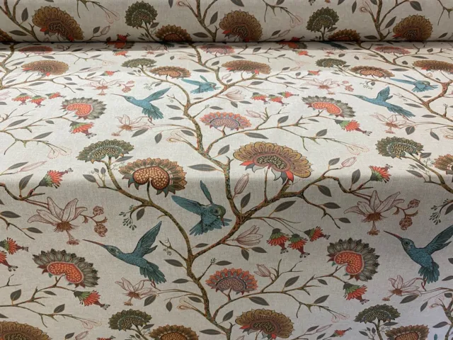 Floral Hummingbirds Linen Teal 140cm wide Curtain/Craft Fabric