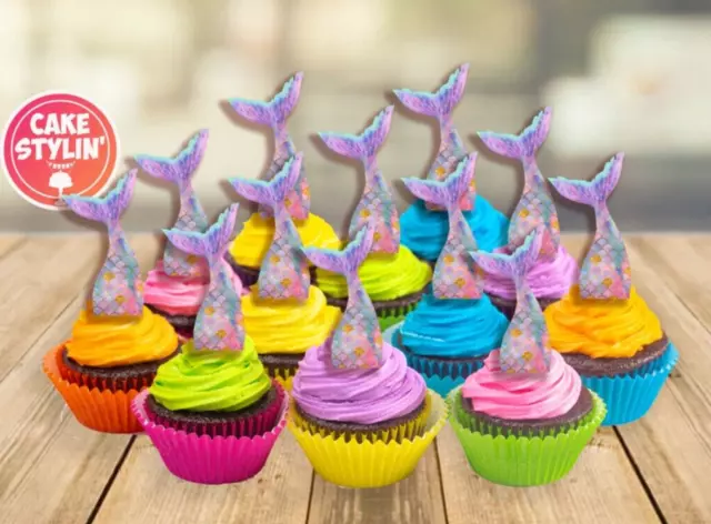 28 x MERMAID TAILS Cupcake Toppers STAND UP Edible Wafer Card SUMMER BEACH PARTY