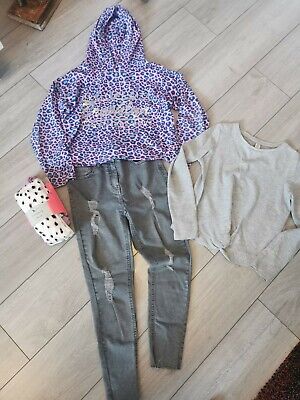 Girls leopard hoody and Jeans outfit  Age 11 yrs  top tights