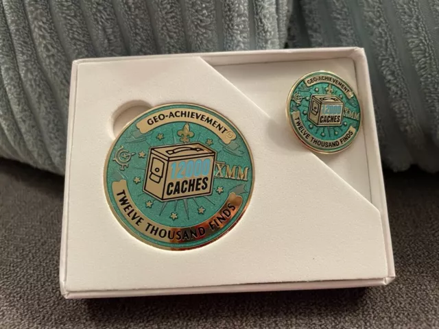 12,000 Geocache Geo-Achievement Geocoin & Pin Badge - New - Unactivated