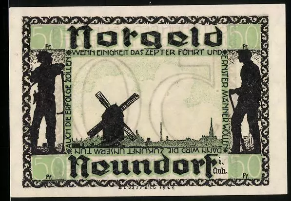 Notgeld Neundorf in Anhalt 1921, 50 Pfennig, Windmühle und zwei Arbeiter