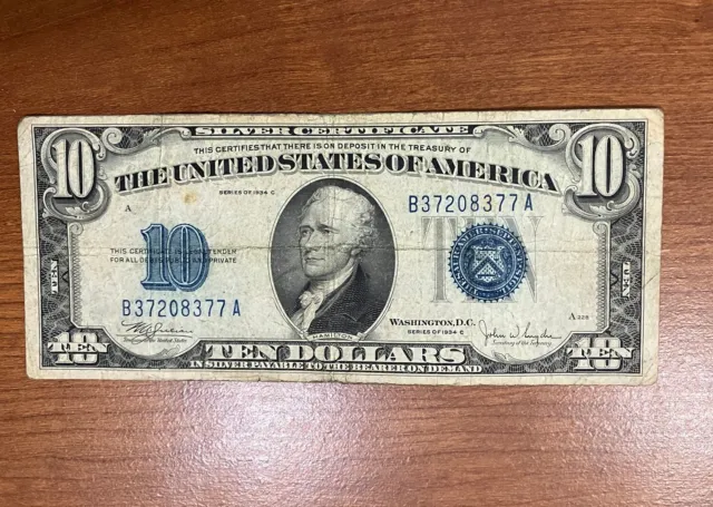 $10 1934C Wide Blue Seal Silver Certificate B37208377A Series C, US Ten Dollars