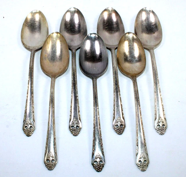 7 Holmes and Edwards Lovely Lady Inlaid Silverplate Soup/Place Spoons