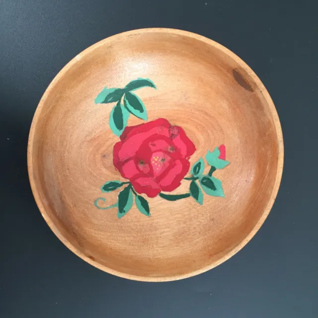 Vintage Hand Painted Turned Wood Bowl Rose Trinket Candy Nut Coin Dish Folk Art