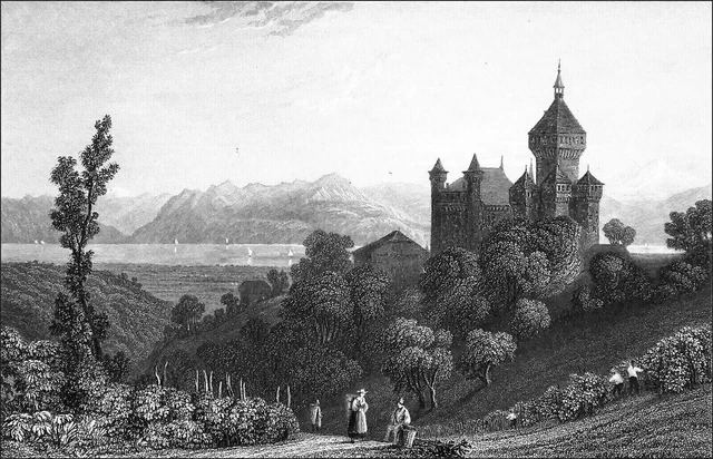 SUISSE: VIGNERONS au pied du CHÂTEAU de WUFFLENS & le LAC LÉMAN - Gravure du 19e