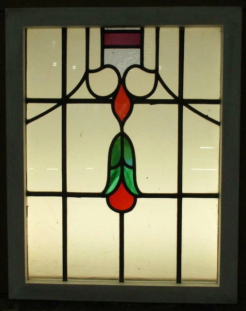 MIDSIZE OLD ENGLISH LEADED STAINED GLASS WINDOW. Abstract Floral 19.25" x 24.5"