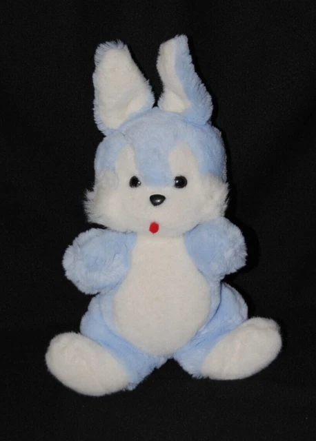 Peluche doudou lapin blanc bleu yeux nez durs langue rouge 25/33 cm TTBE