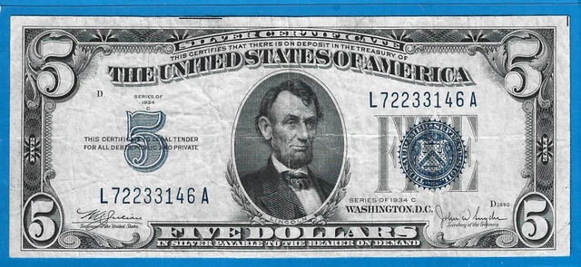 1934 C $5 Silver Certificate,Blue Seal,Circ VF,Nice!