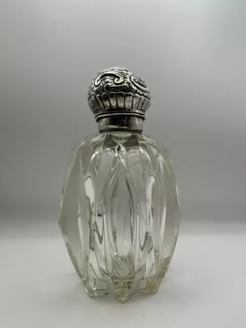 Antique Victorian Silver Topped Cut Glass Scent Bottle/ Dressing Table Pot