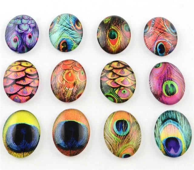 10 OVAL PEACOCK FEATHER PRINTED CLEAR GLASS DOMED CABOCHONS 25mm X 18mm CAB23
