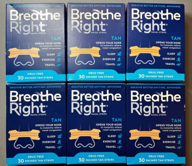 6 PACKS Breathe Right Nasal Strips Original Tan SMALL / MEDIUM 30 Each (180 TL)