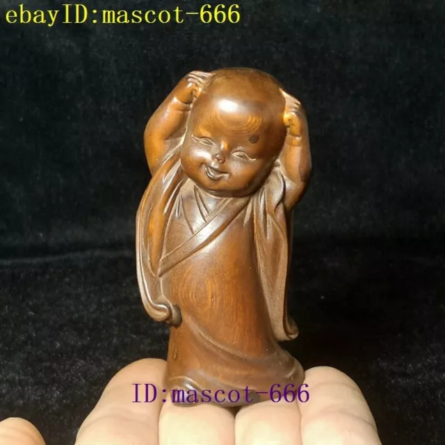 H 3.3 inch Chinese Boxwood Hand Carved lovely boy lad Figure Statue Decoration