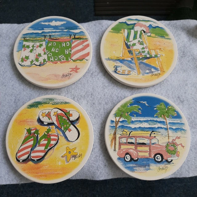 Beach Scene Stone Coasters New in Box  Cypress Home  Set of 4