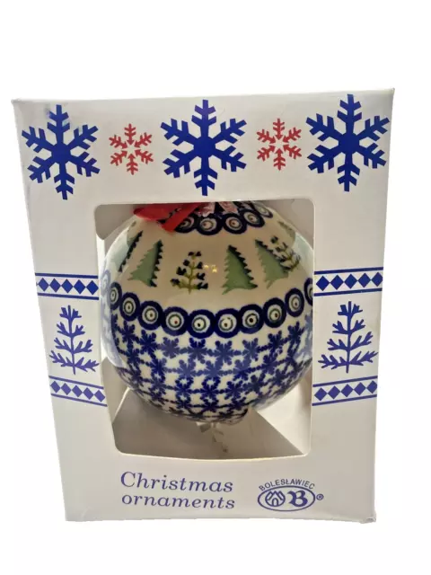 Boleslawiec Polish Pottery Round Christmas Ornament w/Snowflakes & Trees