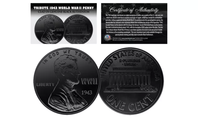 1943 TRIBUTE Steelie WWII PENNY Coin Clad in Genuine BLACK RUTHENIUM - Lot of 3