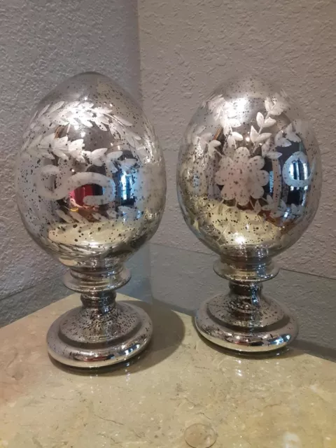 Pair of Barreveld Decorative Mercury Glass styled Silver Egg Ornaments 9inches