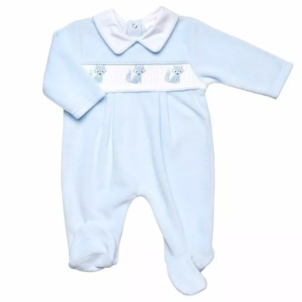 Baby Jungen Blaue Trompler Gesmockter Velour Schlafanzug Fuchs Design Neugeborener Junge - 6 Monate