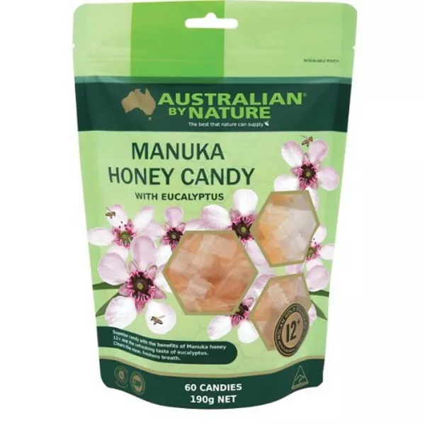 NEW Australian By Nature 400+ Manuka Honey Candy 60 Candies with Eucaluptus ABN