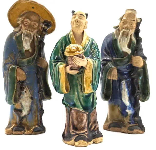 Set Of 3 Vintage Chinese  Handmade Mudmen Clay Figurines Glazed Hand Painted...