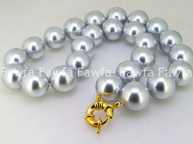 Huge 12/14mm Genuine Silver Gray South Sea Shell Round Pearl Beaded Necklace 18"