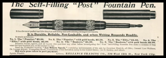 1905 Reliance Trading Self Filling Post Fountain Pen Writing Instruments 8537