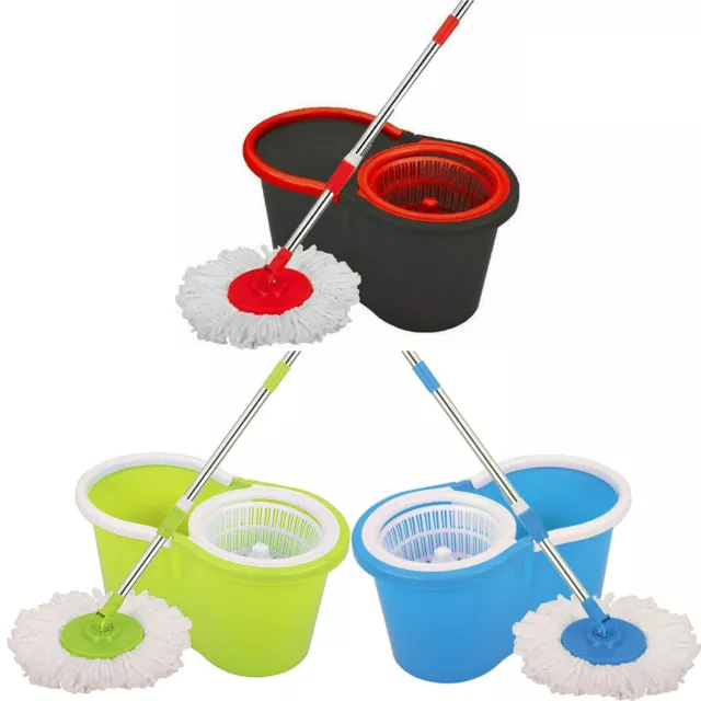 360° Spin Floor Mop Bucket Set Microfibre 2 Heads Wringer Home Industrial Floor