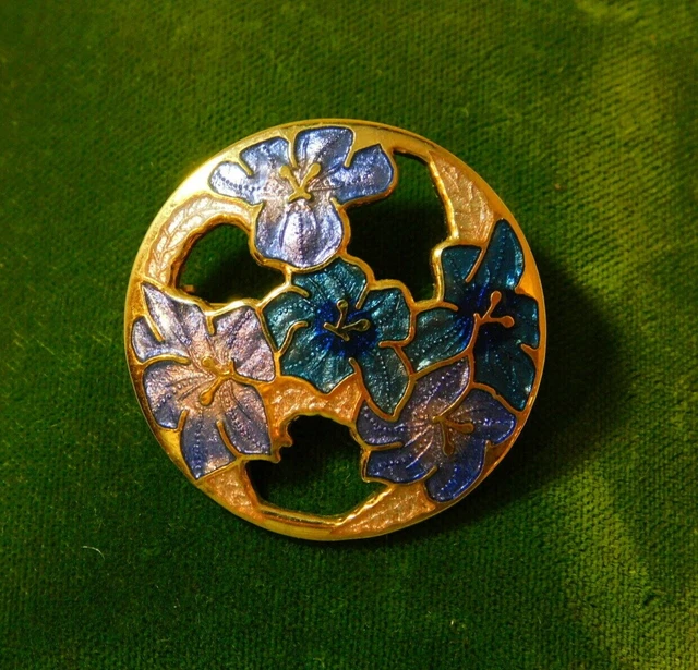 Broche Vintage Fleur - Laiton Doré, Pâte De Verre Bleue Imitation Opale Arlequin