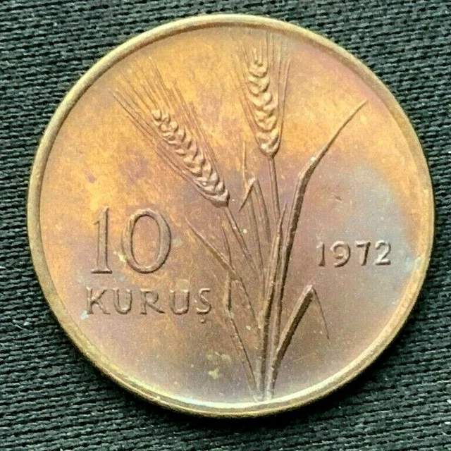 1972 Turkey 10 Kurus Coin UNC    Bronze World Coin    #C325