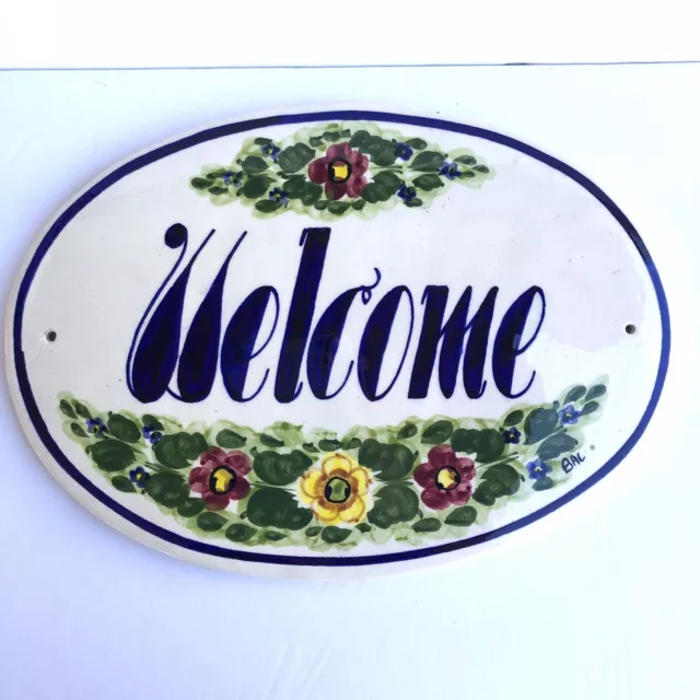 Handmade “Welcome” Floral Ceramic Wall Hanging Decorative Sign 13.5”x9.5”