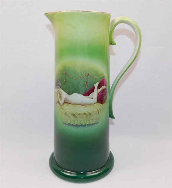 Antique DRESDEN CHINA Tankard Pitcher Risque Pose Woman 12.75 In. Tall
