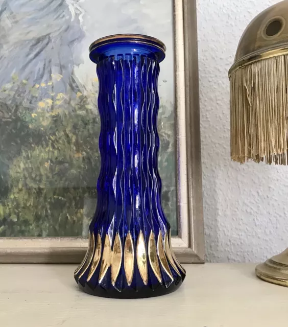 Vintage 70er blau gold Pressglas Vase Glasvase Glas Walther Kultig